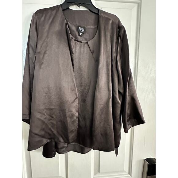 Eileen Fisher Women's Peat Brown Hammered Silk Satin Open Front Jacket Size PL - Picture 4 of 7